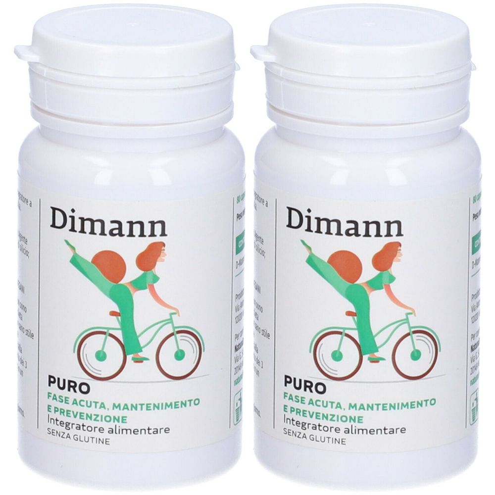 Zwei weiße Flaschen mit Deckel. Aufschrift Dimann, darunter ein Bild und Text: Puro, Integratore alimentare, senza glutine.