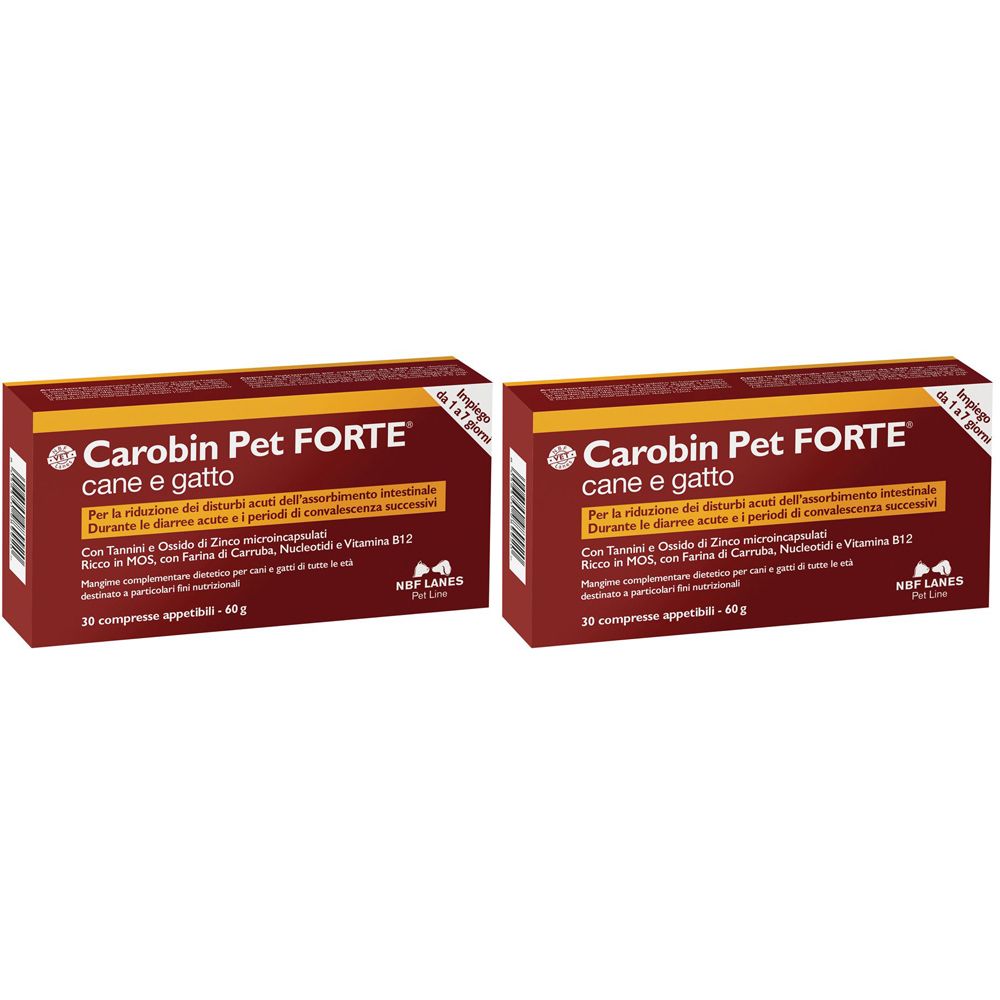 Zwei rechteckige, braune Schachteln. Aufschrift: Carobin Pet FORTE, cane e gatto. Text in italienischer Sprache. 30 Tabletten.