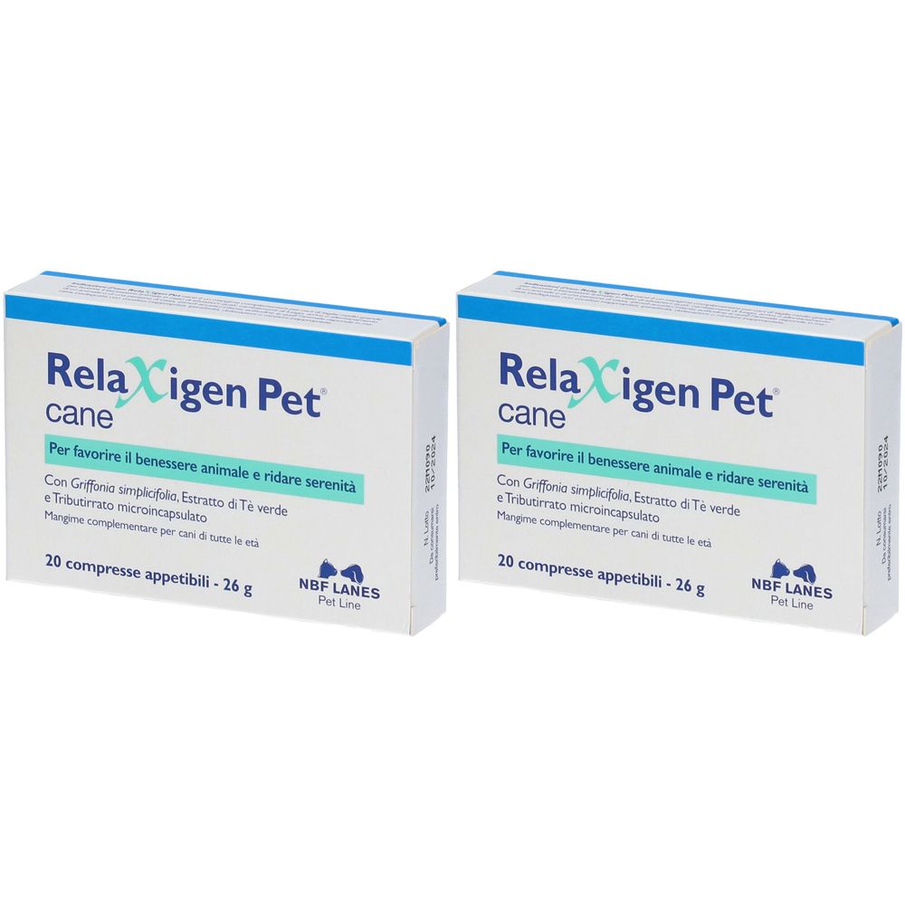 Zwei weiße Kartons mit blauer Schrift. Aufschrift: Relaxigen Pet cane. Enthält 20 Tabletten. Marke: NBF LANES.