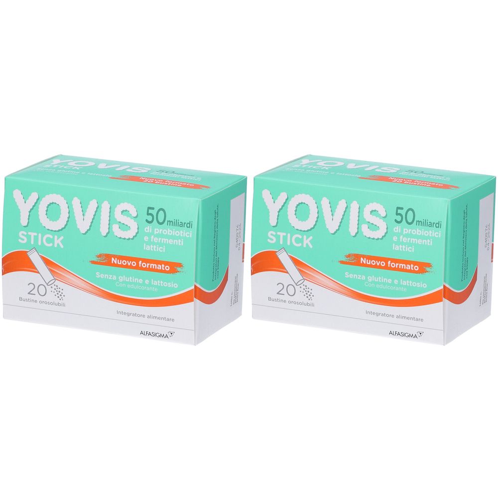 Deux boîtes de YOVIS STICK. Emballage turquoise et blanc avec nom du produit, informations et 20 sachets.