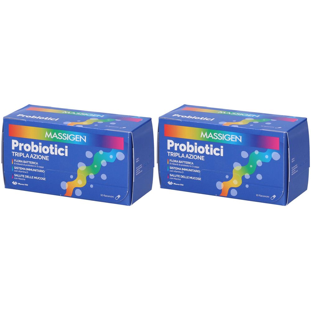 Deux boîtes bleues "Massigen Probiotici". Texte en italien. Design dégradé multicolore.