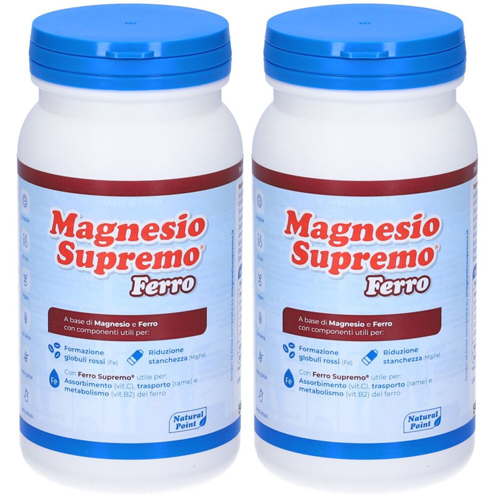 Deux flacons blancs avec bouchons bleus. Inscription: Magnesio Supremo Ferro. Texte rouge sur fond blanc. Logo Natural Point.
