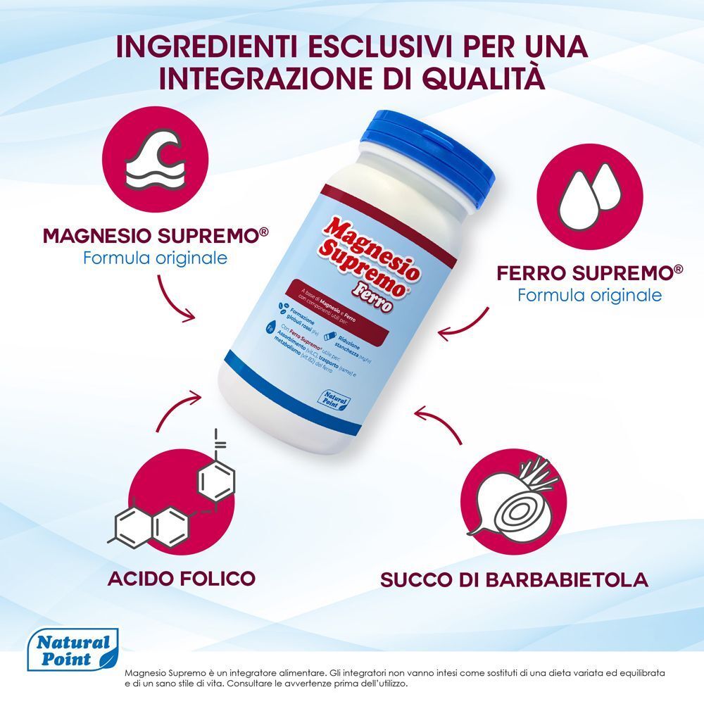 Poudre Magnésium-Suprême-Fer : Ingrédients : Magnésium Supremo, Ferro Supremo, Acide Folique.