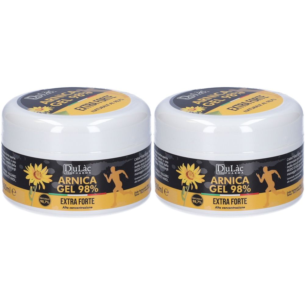 Deux pots blancs avec des étiquettes jaunes. Inscription: Arnica Gel 98% Extra Forte. Logo: tournesol et coureur.