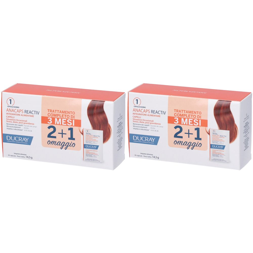 Zwei weiße Kartons mit roter und orangefarbener Beschriftung. Aufschrift: Anacaps Reactiv, 2+1 omaggio.