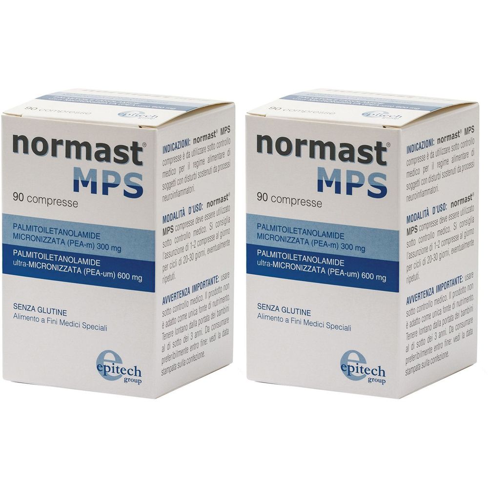Zwei weiße Schachteln mit der Aufschrift "normast MPS". Jede Schachtel enthält 90 Tabletten. Aufgedruckte Inhaltsstoffe und Logo.