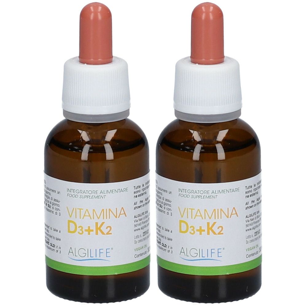 Zwei braune Glasflaschen mit Tropfern. Auf den Etiketten steht "Vitamina D3+K2" und "ALGILIFE".