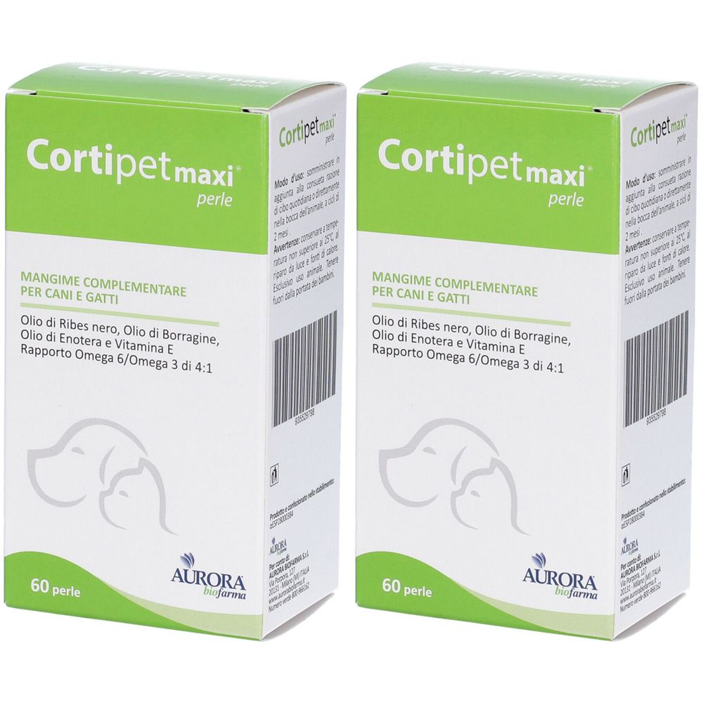 Zwei grüne Kartons mit der Aufschrift "Cortipet maxi perle". Enthält Ergänzungsfuttermittel für Hunde und Katzen. 60 Perlen.