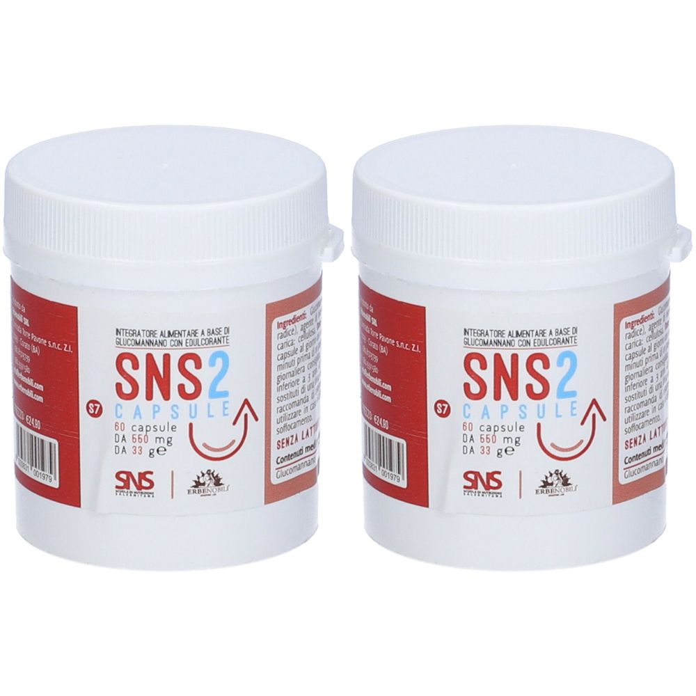 Deux pots blancs avec texte rouge. Chaque pot porte l'inscription "SNS2 CAPSULE".
