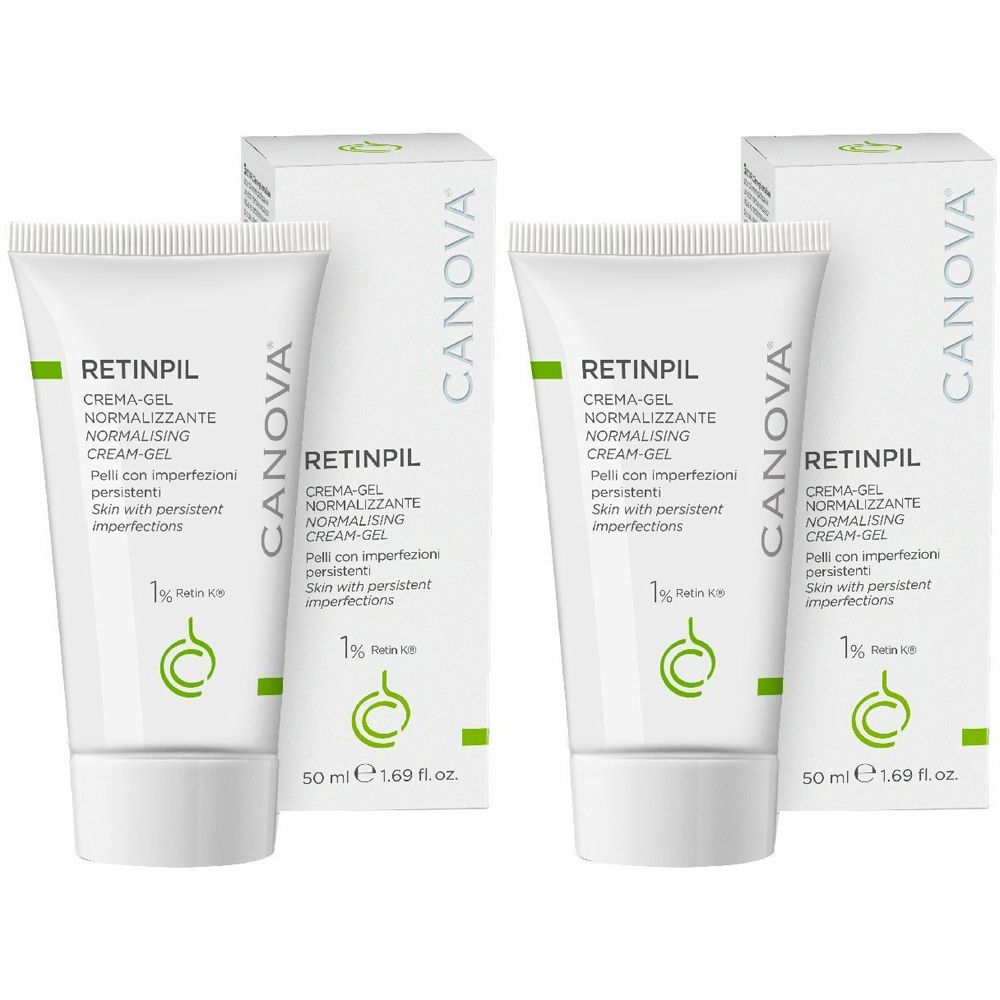 Zwei Tuben und zwei Schachteln. Auf den Tuben steht "RETINPIL CREMA-GEL NORMALIZZANTE". Auf den Schachteln steht "CANOVA".