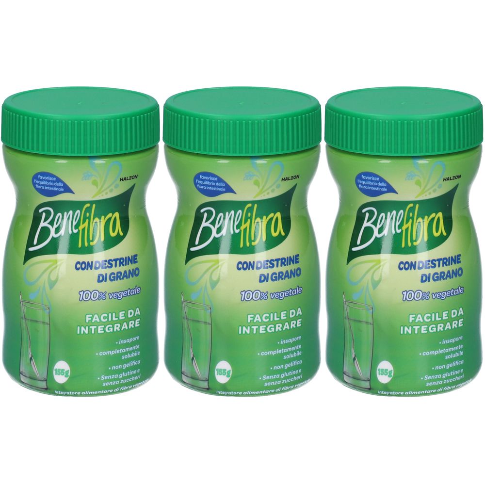 Trois boîtes vertes avec couvercles. Inscription: Benefibra, Con Destrine di Grano, 100% vegetale, Facile da integrare.