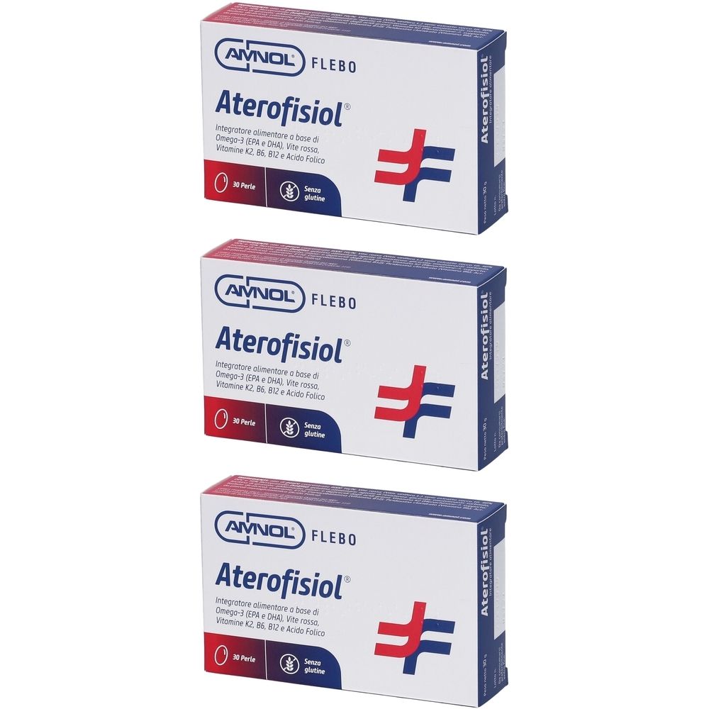 Drei Schachteln Aterofisiol. Jede Schachtel hat eine blaue und weiße Farbgebung mit Produktinformationen und der Aufschrift "30 perle".