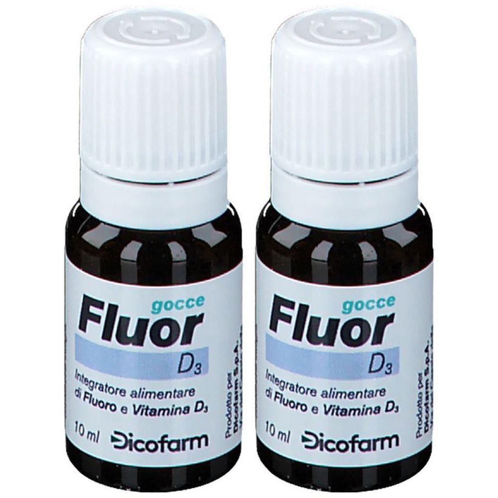 Deux flacons avec bouchon blanc. Inscription : Fluor D3, complément alimentaire au fluor et vitamine D3, 10 ml, Dicofarm.