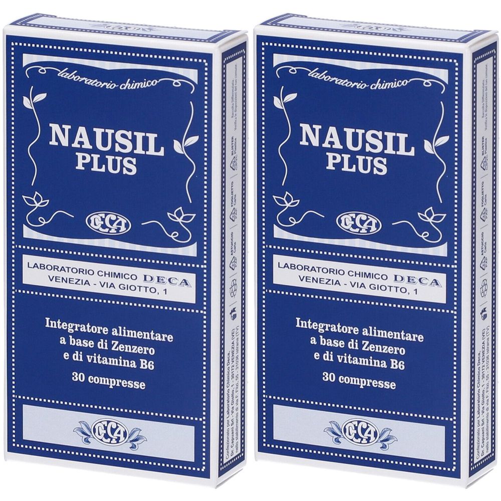 Deux boîtes de NAUSIL PLUS. Emballage bleu avec texte et logo blancs. Contient 30 comprimés. Laboratorio Chimico Deca.