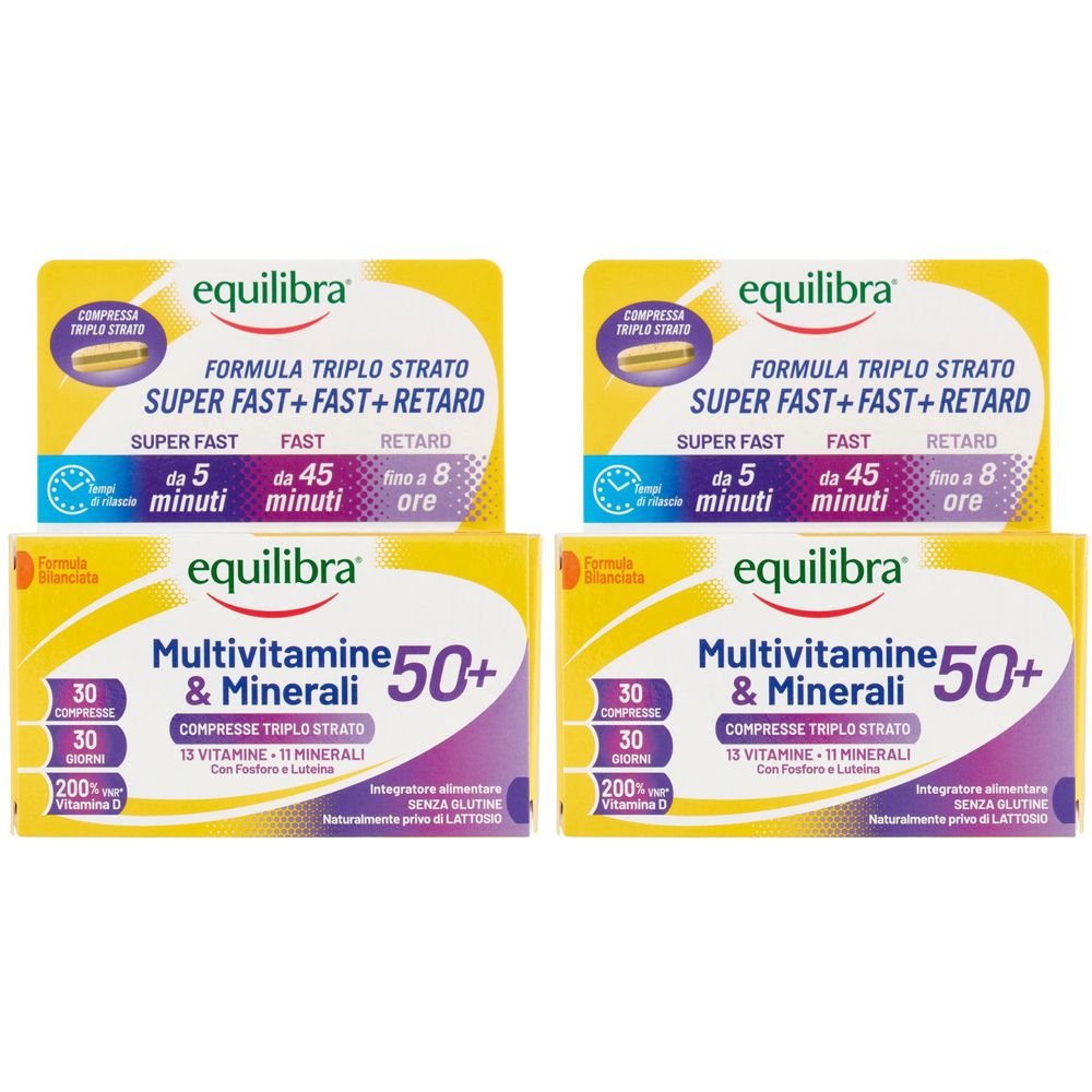 Quatre boîtes de Multivitamine 50+ et minéraux. Emballage jaune et violet avec informations et marque du produit.