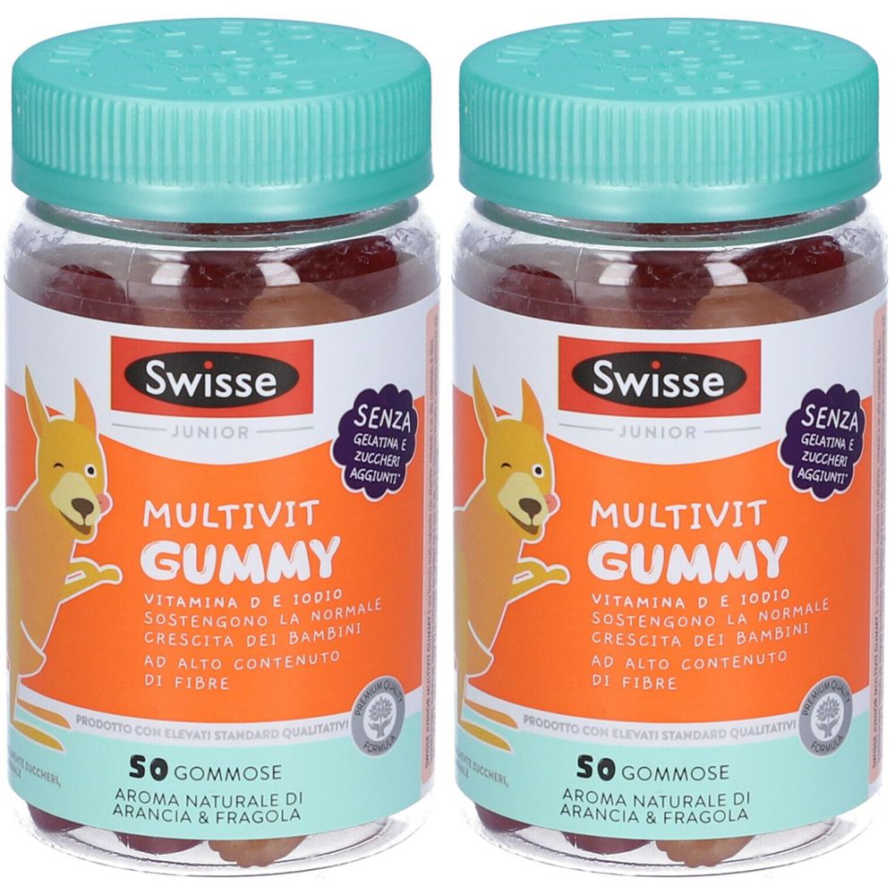 Zwei transparente Kunststoffbehälter mit grünen Deckeln. Auf den Etiketten steht "Swisse Junior Multivit Gummy".