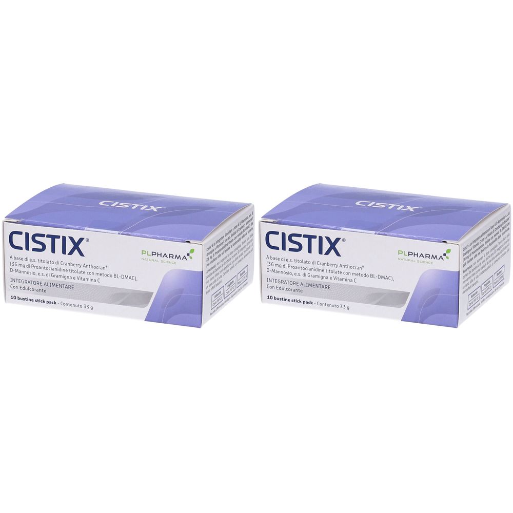 Deux boîtes CISTIX. Le nom du produit et d'autres informations sont imprimés sur chaque boîte. L'emballage est blanc et violet.