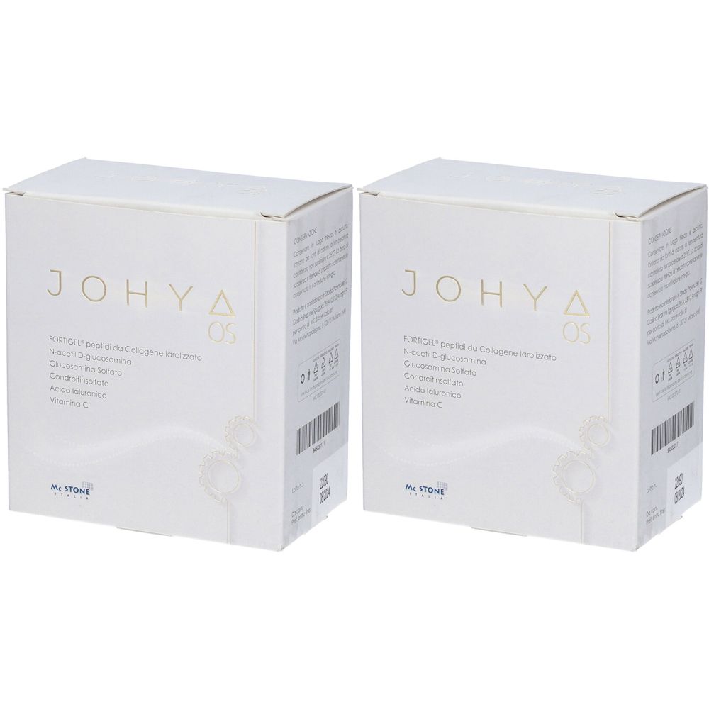 Deux boîtes blanches avec le lettrage doré JOhYA. Inscription : Integratore per il collagene e laminare. Code-barres et autres informations.