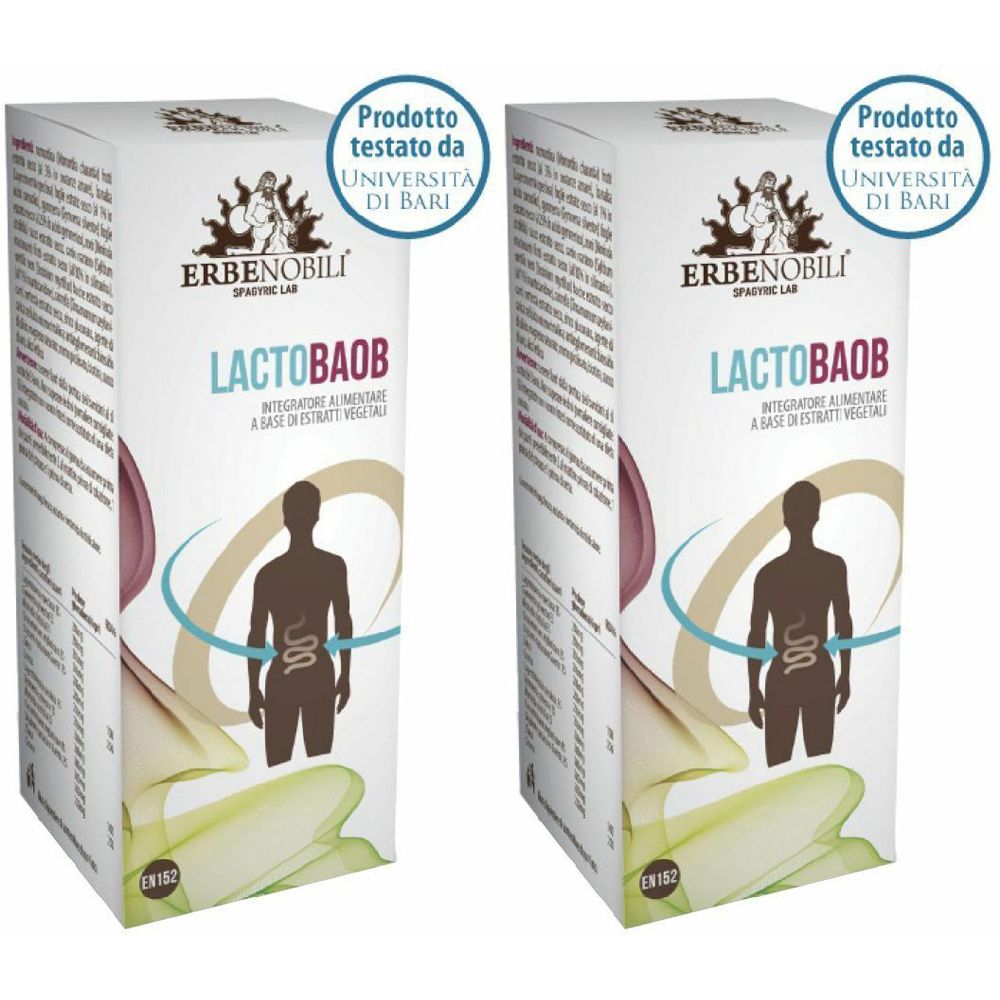 Deux boîtes rectangulaires. Inscription: ERBENOBILI, LACTOBAOB. Avec sceau: Prodotto testato da UNIVERSITA DI BARI. Silhouette humaine.