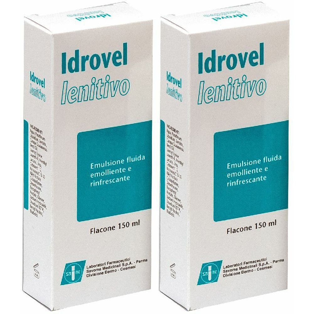 Zwei weiße Kartons mit der Aufschrift "Idrovel lenitivo". Text in italienischer Sprache. Flacone 150 ml.