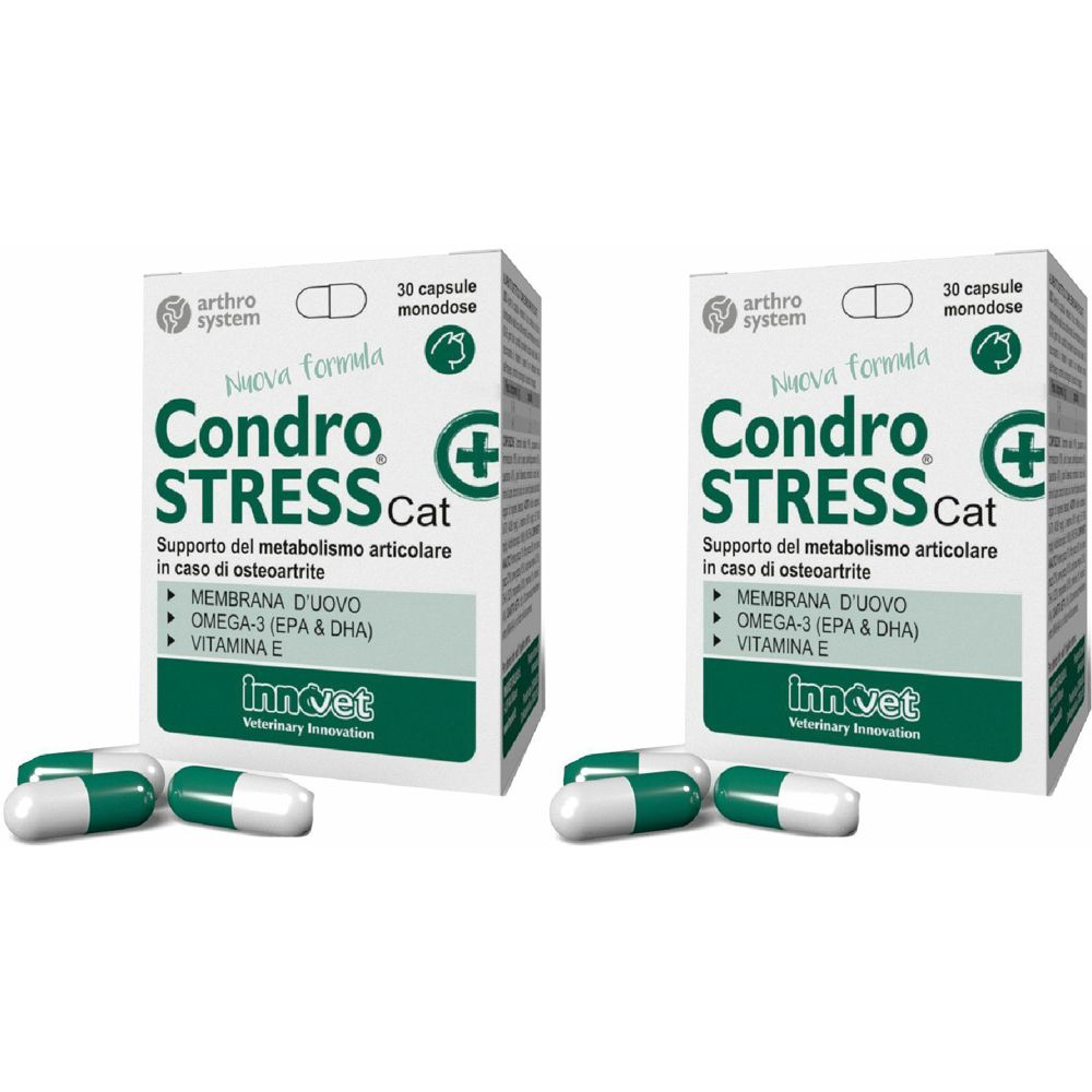 Deux boîtes de "Condro STRESS Cat" et des gélules. Les boîtes sont blanches avec du texte vert. Les gélules sont blanches et vertes.