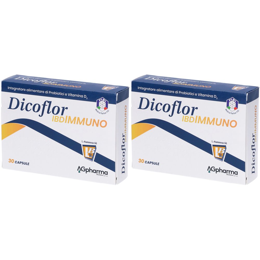 Deux boîtes rectangulaires avec l'inscription "Dicoflor IBDIMMUNO". Chaque boîte contient 30 capsules et le logo AG Pharma.