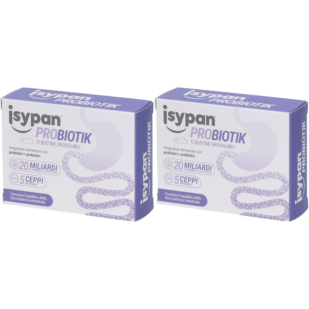 Zwei weiße Kartons mit dem Produktnamen Isypan. Aufdrucke: 20 Milliarden, 5 Stämme, Disbiose. Abbildung eines menschlichen Körpers.