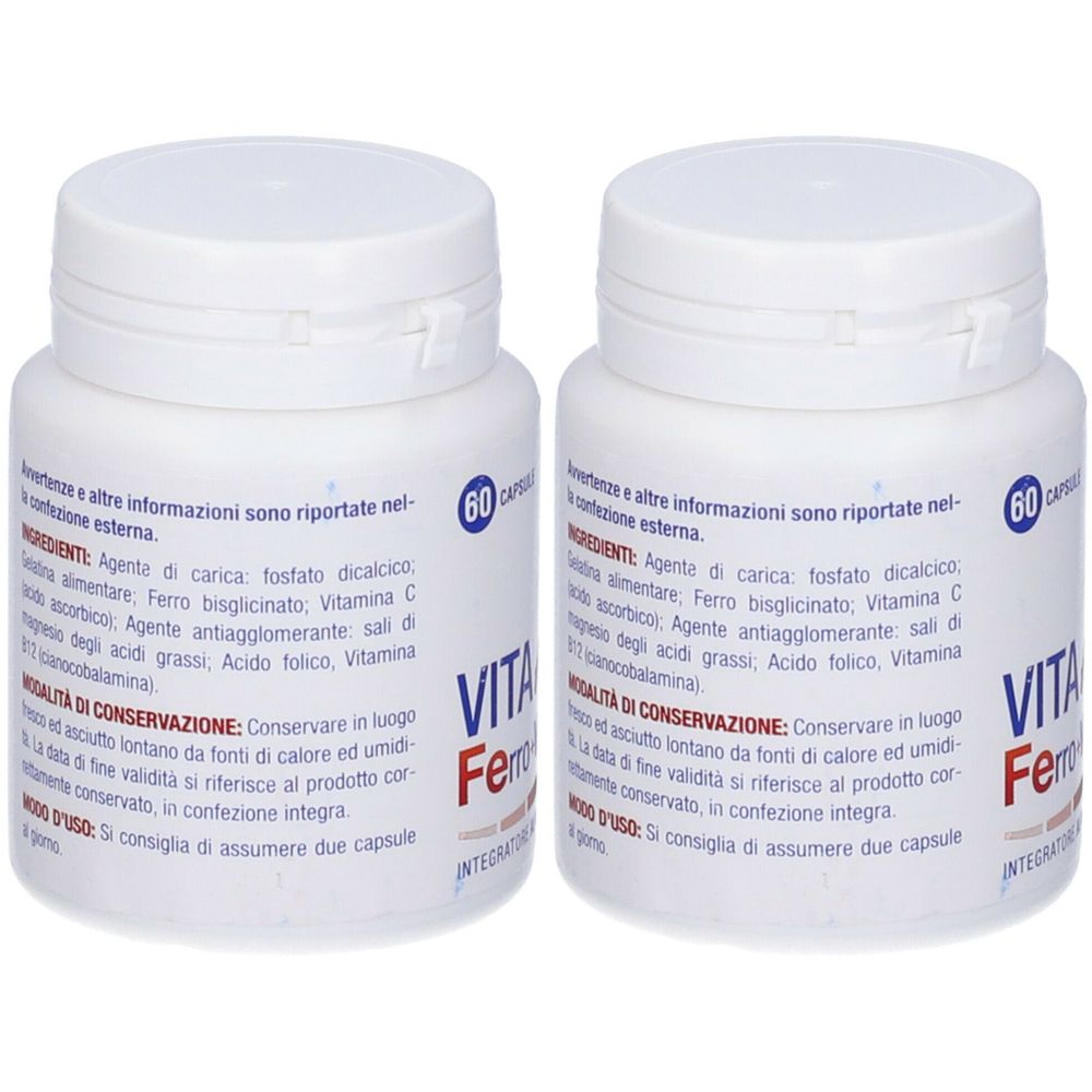 Deux flacons blancs avec bouchons à vis. Sur chaque flacon, on lit "VITA Ferro" et d'autres informations.