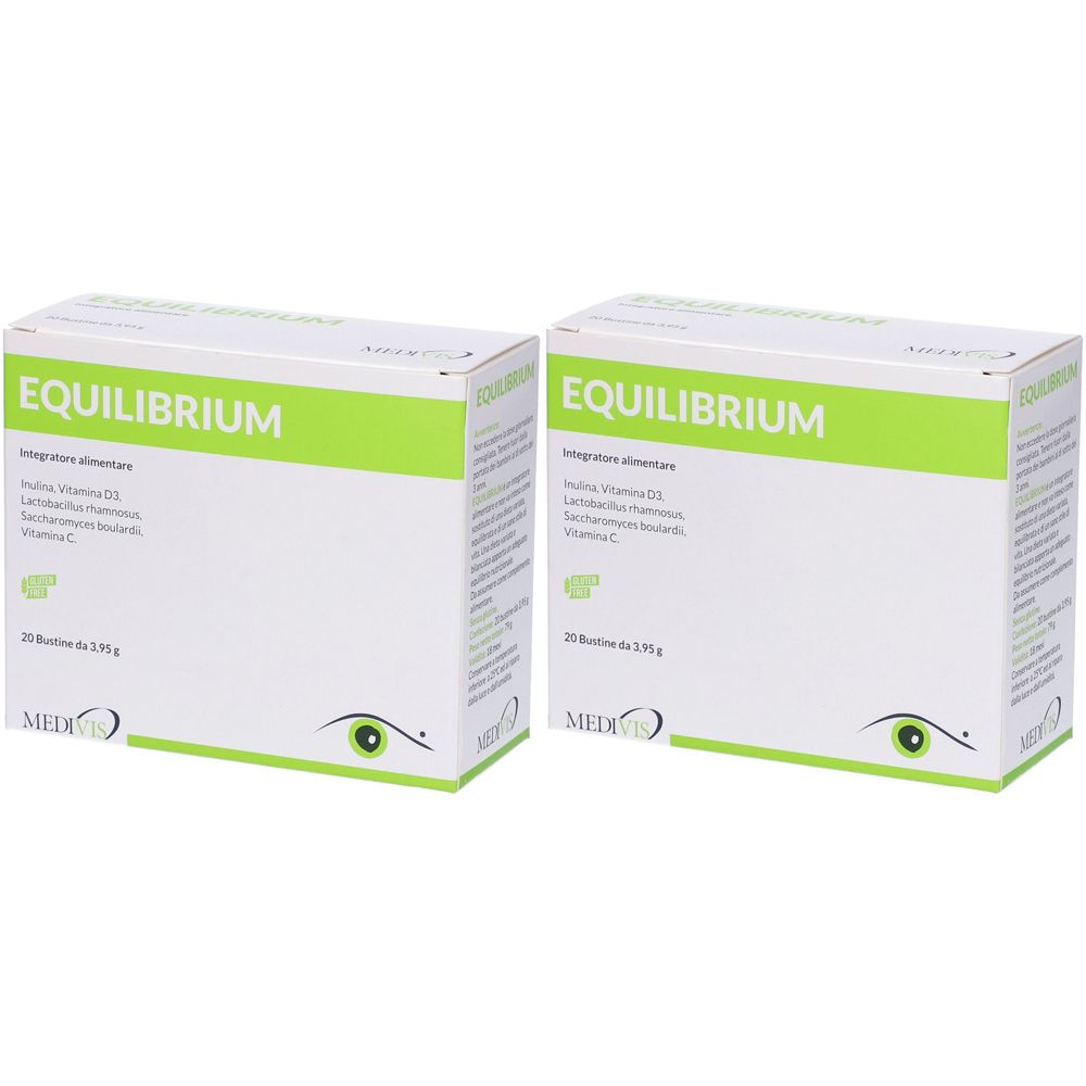 Deux boîtes blanches avec bande verte, texte "EQUILIBRIUM". Ingrédients listés. Logo œil. 25 sachets. Marque MEDISAN.