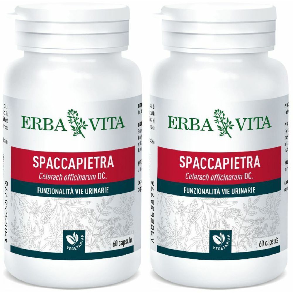 Zwei weiße Flaschen mit rotem Etikett. Aufschrift: ERBA VITA, SPACCAPIETRA, 60 Kapseln. Vegetarisches Siegel.