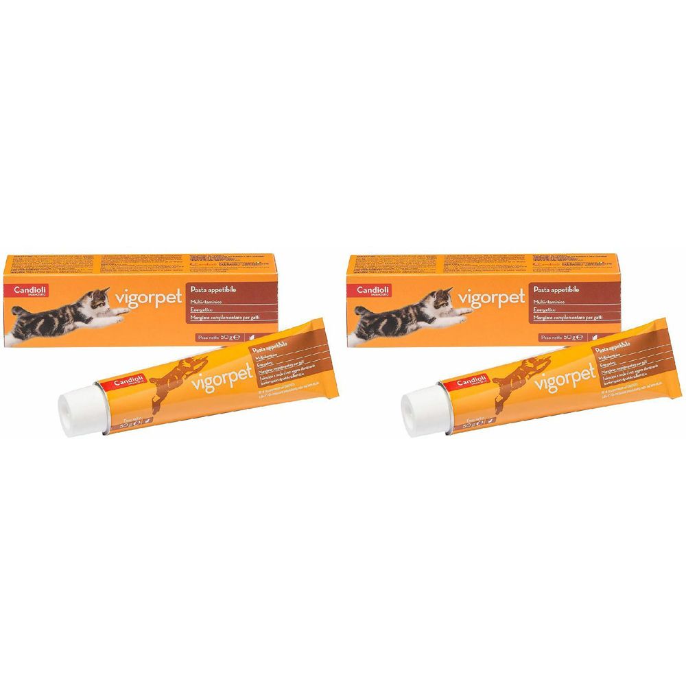 Zwei Tuben und zwei Schachteln. Auf den Tuben und Schachteln steht "vigorpet".