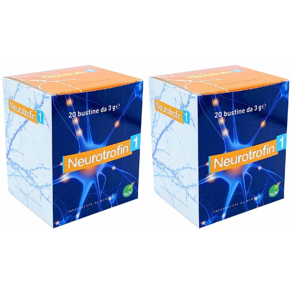 Deux boîtes carrées. Inscription : Neurotrofin 1, 20 sachets de 3 g. Fond bleu avec motif neuronal et nom du produit.