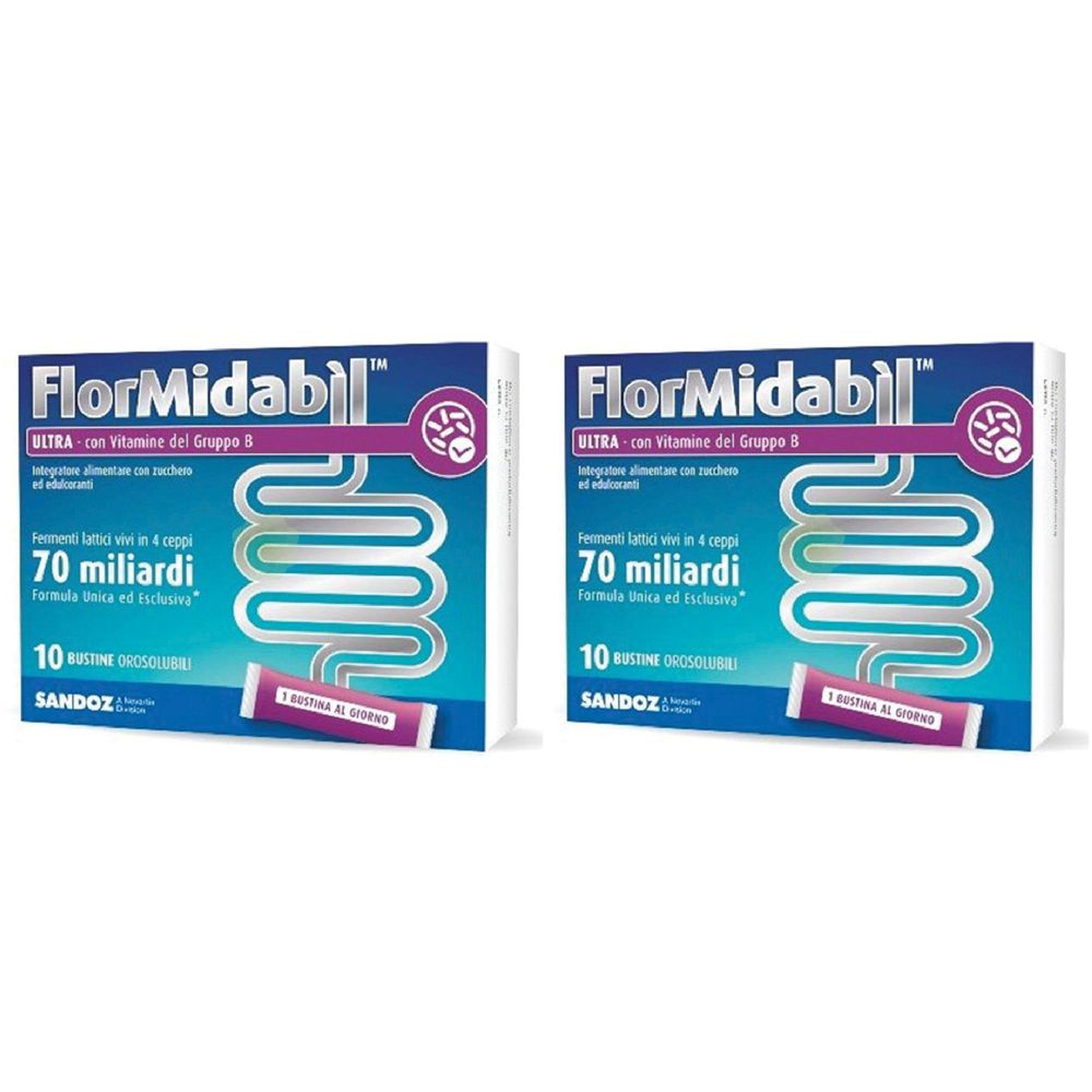 Zwei Packungen FlorMidabil Ultra. Blaue Schachteln mit weißer Schrift. Enthält 10 Beutel. Marke Sandoz. Abbildung des Verdauungstrakts.