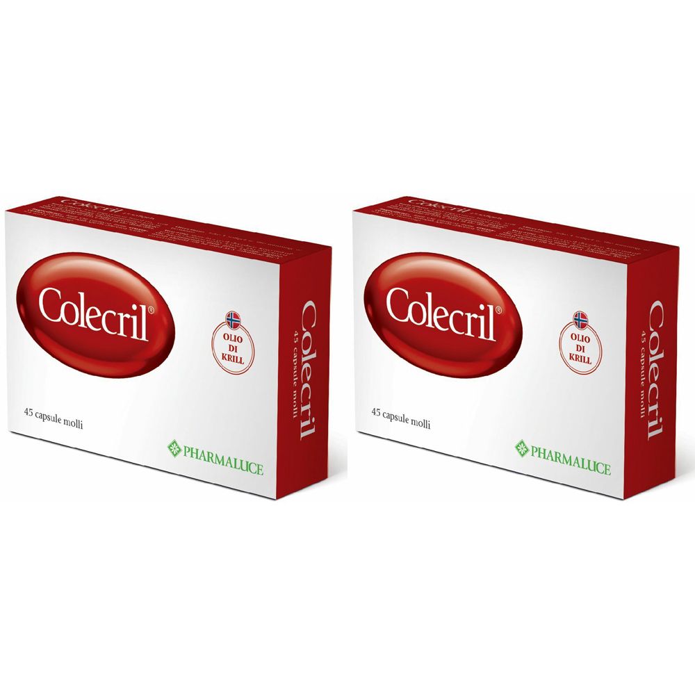 Zwei rechteckige Schachteln. Auf jeder Schachtel steht "Colecril" in einem roten Oval. Aufschrift: "45 capsule molli".