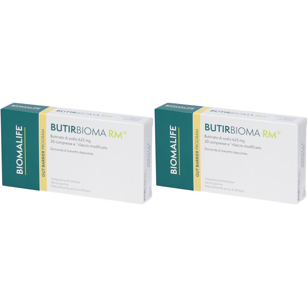 Zwei Schachteln Butirbioma RM. Aufschrift: Butirrato di sodio 625 mg, 30 compresse a rilascio modificato. Marke: BIOMALIFE.