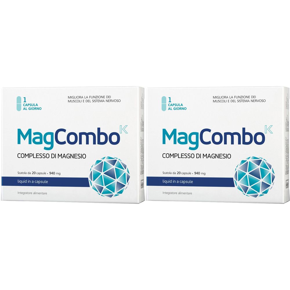 Zwei Schachteln MagCombo, Komplex aus Magnesium. Weiße Verpackung mit blauer Schrift und Grafik. Kapsel-Symbol.