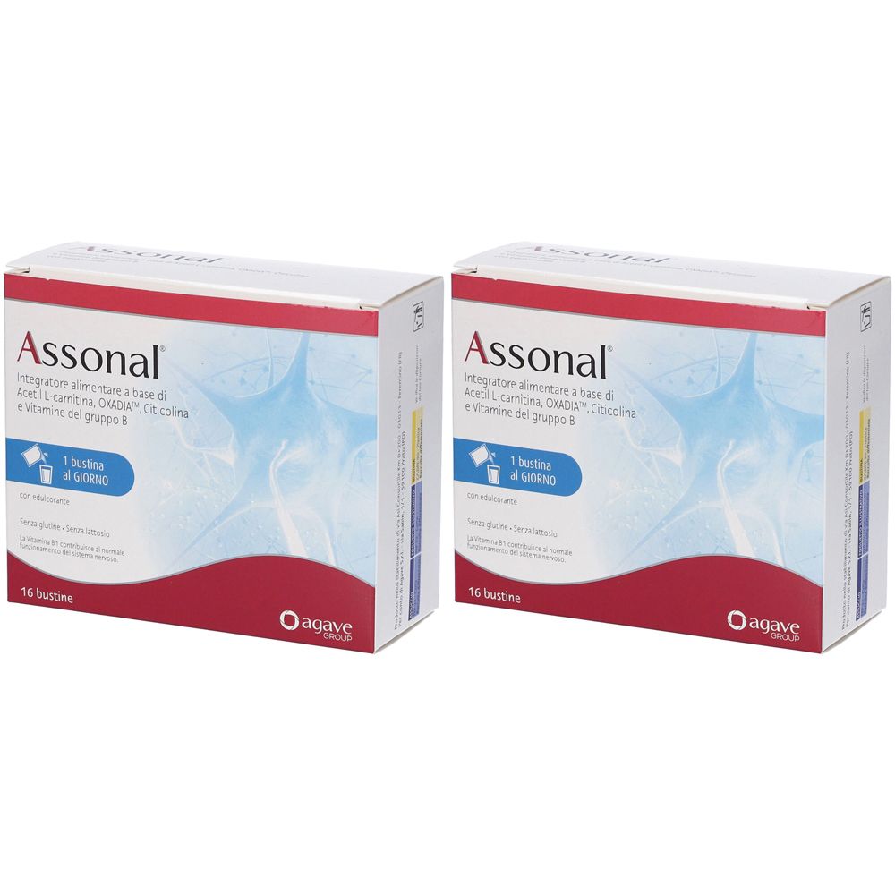 Zwei Schachteln Assonal. Weiße Verpackung mit roter und blauer Schrift. Enthält 16 Beutel. Agave Group Logo.