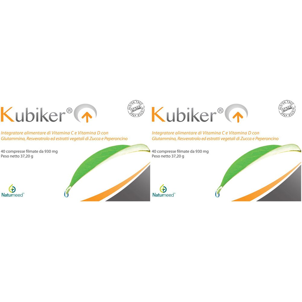 Zwei Packungen Kubiker. Aufschrift: Integratore alimentare di Vitamina C e Vitamina D con Glutammina, Resveratrolo ed estratti vegetali di Zucca e Peperoncino.