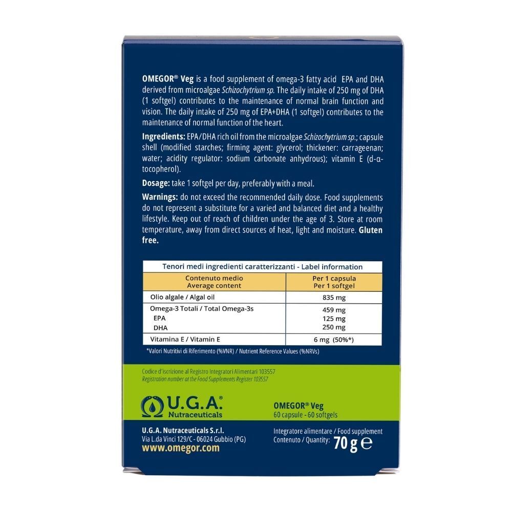 Arrière d'une boîte OMEGOR Veg avec informations détaillées sur le produit et valeurs nutritionnelles.