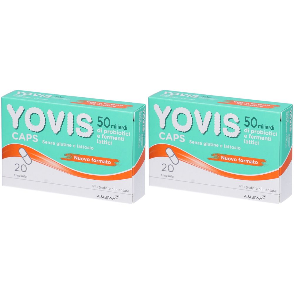 Deux boîtes de YOVIS CAPS. Inscription : 50 milliards de probiotiques et ferments lactiques, sans gluten ni lactose. Nouveau format.