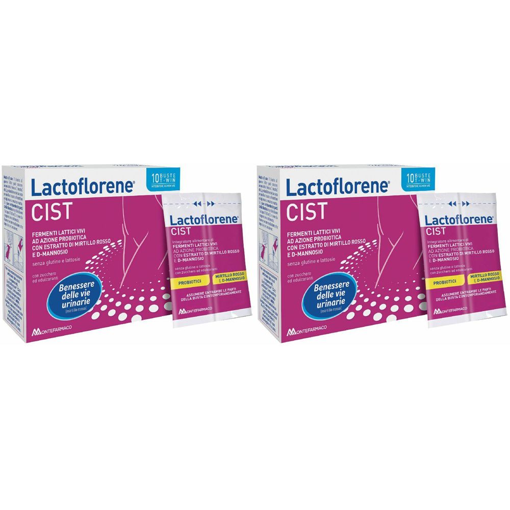 Zwei Packungen Lactoflorene Cist. Jede Packung enthält eine Schachtel und ein Päckchen. Auf der Schachtel steht "CIST" und "Benessere delle vie urinarie".
