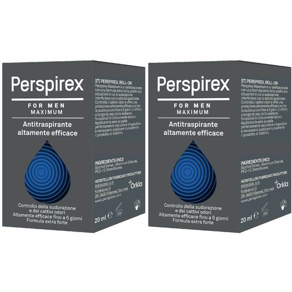 Zwei Schachteln Perspirex For Men Maximum. Schwarze Verpackung mit blauem Tropfen-Design. Text: Antitranspirant, 20 ml.
