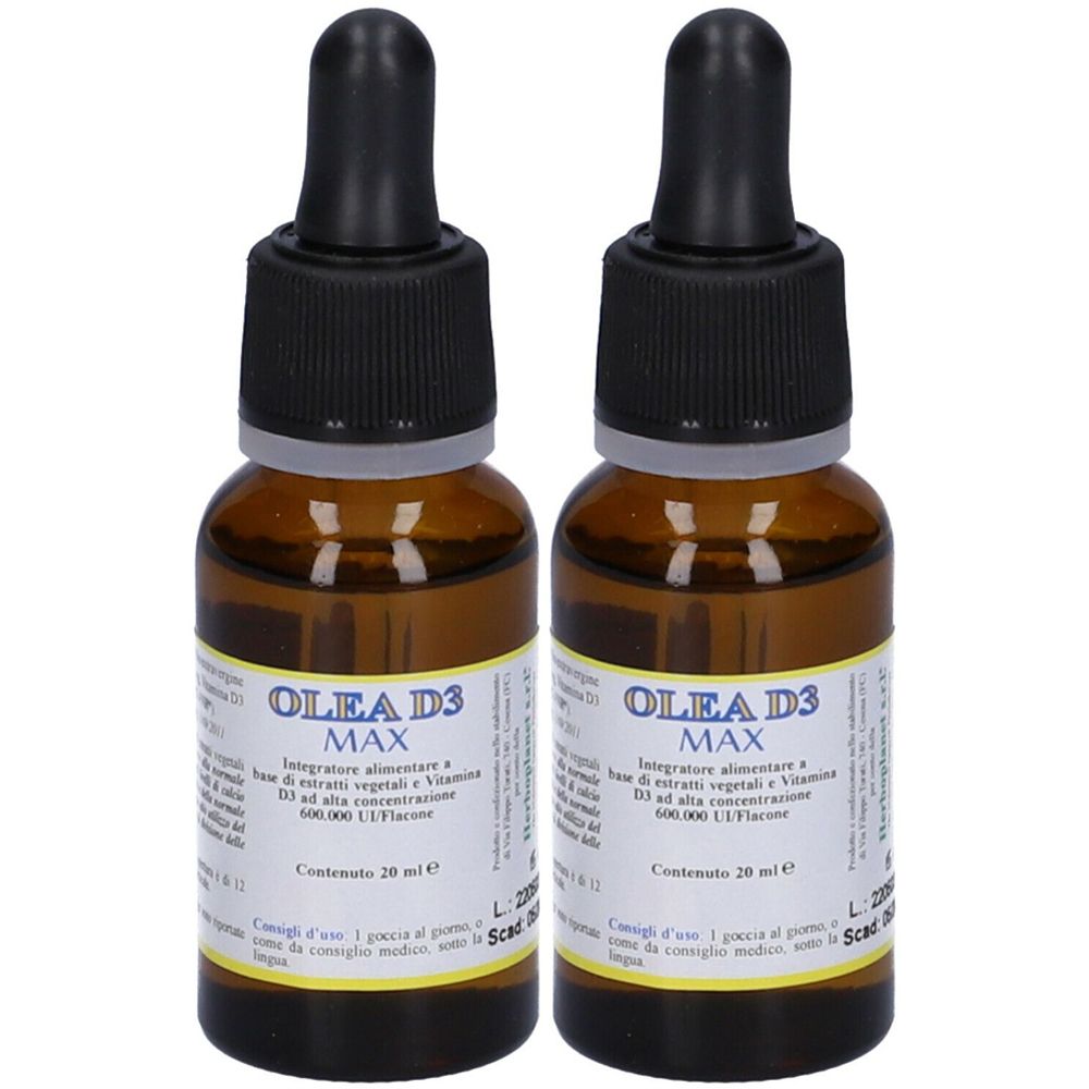 Deux flacons en verre brun avec compte-gouttes noirs. Étiquettes avec OLEA D3 MAX. Chaque flacon contient 20 ml.