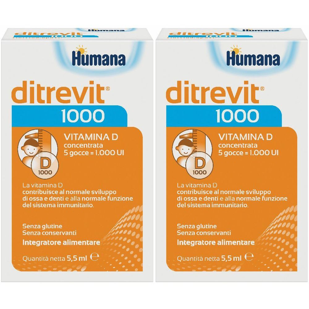Deux boîtes Humana Ditrevit 1000. Inscription : Vitamine D, 1000 UI, sans gluten, sans conservateurs. Contenu net 5,5 ml.
