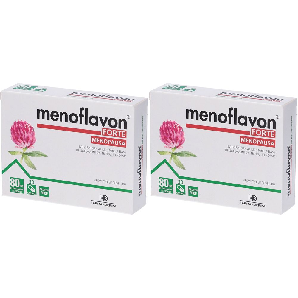 Deux boîtes blanches avec l'inscription "menoflavon FORTE MENOPAUSA". Chaque boîte présente une fleur rouge.