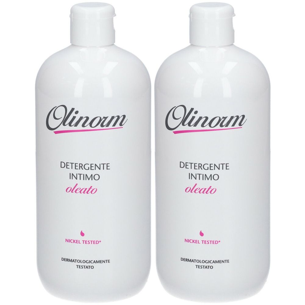 Deux flacons blancs avec bouchon à clapet. Inscription : Olinorm, Detergente Intimo Oleato. Nickel Tested. Testé dermatologiquement.