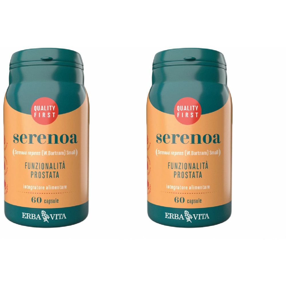 Zwei Flaschen Serenoa-Nahrungsergänzungsmittel. Jede Flasche hat einen grünen Deckel und ein Etikett mit Text. Aufschrift: Funzionalità Prostata, 60 Kapseln.