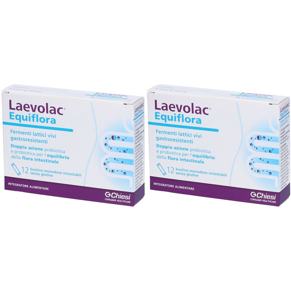 Deux boîtes rectangulaires Laevolac Equiflora. Inscriptions en italien, 12 sachets. Logo Chiesi.