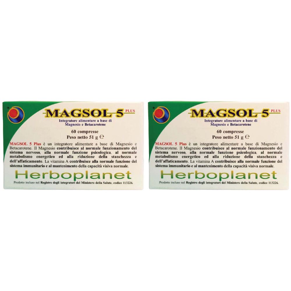 Deux boîtes de MAGSOL-5 PLUS. Inscription : 60 comprimés, 51 g. Emballage vert et blanc avec logo et texte.