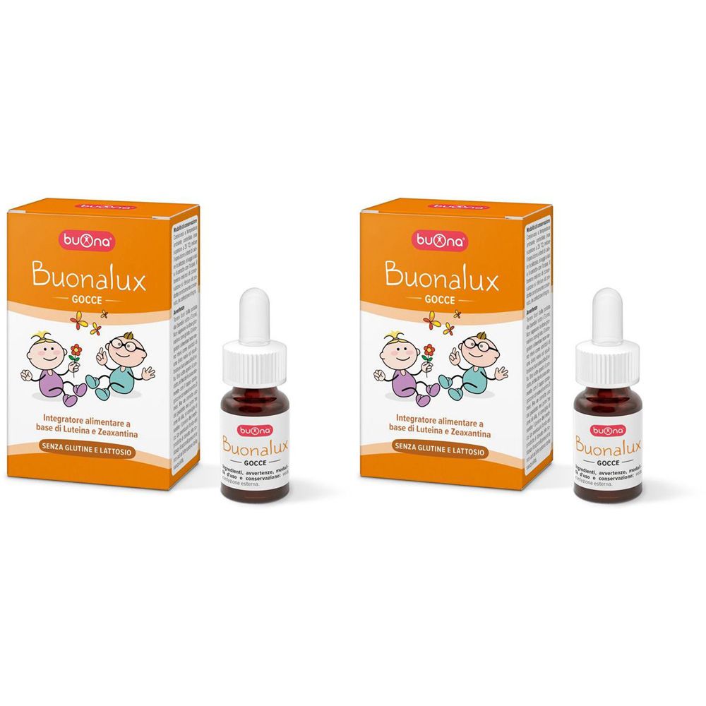 Zwei orangefarbene Schachteln und zwei Fläschchen mit Tropfenzähler. Auf den Schachteln steht "BuonaLux".